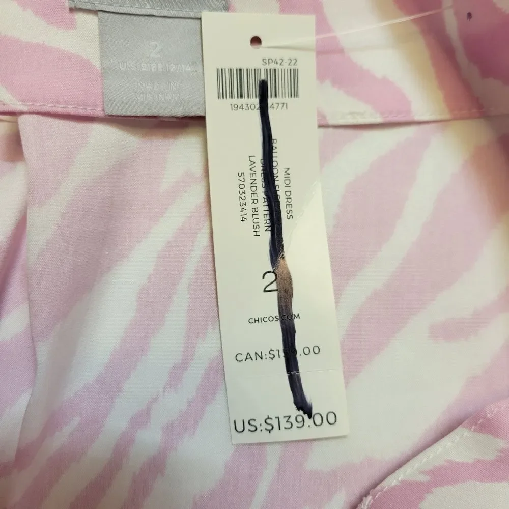 Chico's Dress Pink Zebra Print Ballon Sleeve Midi Dress Poplin Stretch NEW - Picture 10 of 16